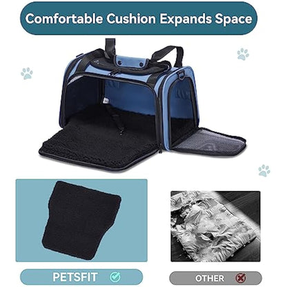PETSFIT Cat Carrier Large with Extendable Fleece Pet Mat, Soft Cat Carrier Airline Approved with Safety Leash for Pets Up to 12 Lbs (44 * 26.5 * 27CM, Blue)
