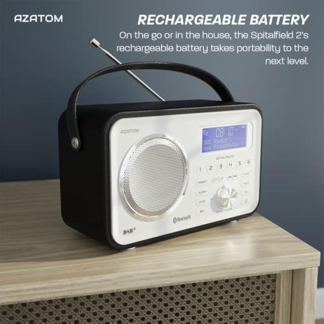 DAB/DAB+ & FM Portable Digital Radio | Leather Design | Bluetooth | Rechargeable Battery | Dual Alarms & Sleep Timer | Perfect for Home, Office or Outdoors | AZATOM Spitalfields 2 (Black)