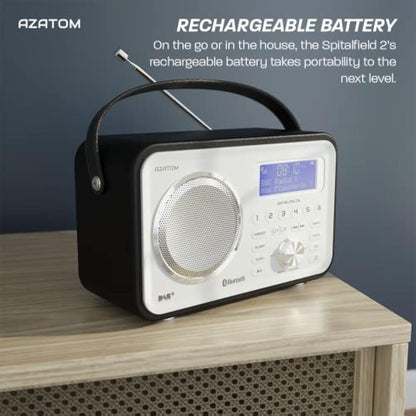DAB/DAB+ & FM Portable Digital Radio | Leather Design | Bluetooth | Rechargeable Battery | Dual Alarms & Sleep Timer | Perfect for Home, Office or Outdoors | AZATOM Spitalfields 2 (Black)