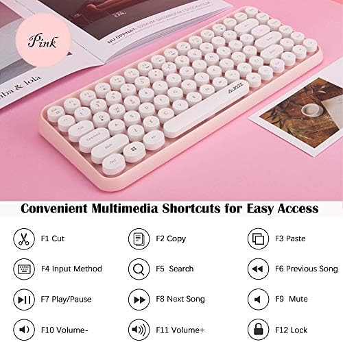 FELiCON 308i Retro Wireless Keyboard, Bluetooth Silent Cute Computer Keyboard with Round Punk Compact 84 keys, Lightweight, Matte Texture,Typewriter Design for PC, Laptop, Mac, Phone-Pink