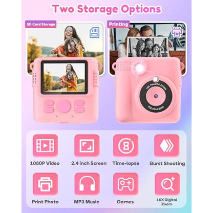YORKOO Kids Instant Camera with Photo Paper, 1080P HD Digital Camera for Girls, Creative Gift for Children Age 4-10, Video Recorder, 32GB SD Card - Pink