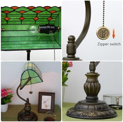 Blivuself Tiffany Style Green Banker Desk Lamp Red Stained Glass Lamps Vintage Bedroom Bedside Study Zipper Pull Chain Retro Office Adjustable Nightstand Aesthetic Antique Accent Reading Desk Light