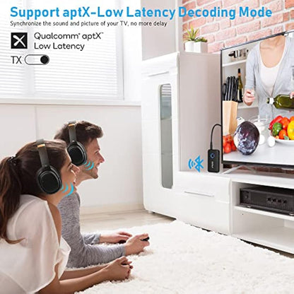 YMOO Bluetooth 5.3 Transmitter Receiver for TV/Plane to Headphones, Wireless Audio Adapter 3.5mm Jack, Dual Connection Splitter Adaptor aptX Low Latency, Long Range for Earphones Flight Airplane PC