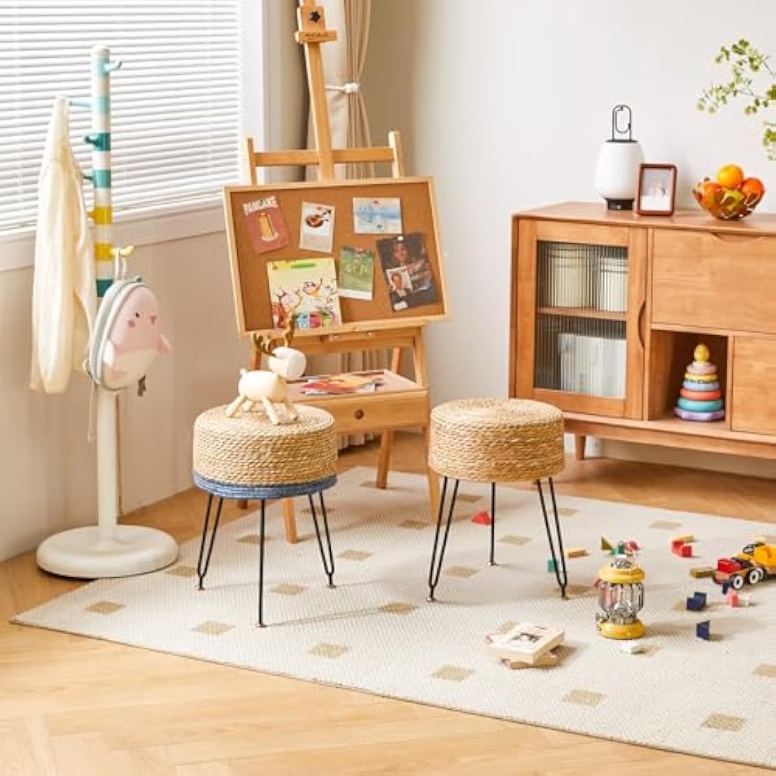 YMYNY Footstool Natural Seagrass Hand Weave, Vanity Makeup Stool, Pastoral Style Footrest, Padded Foot Rest with Metal Legs, Foot Rest Sofa Stool, for Living Room, 32×32×45CM Natural Color HBD029N