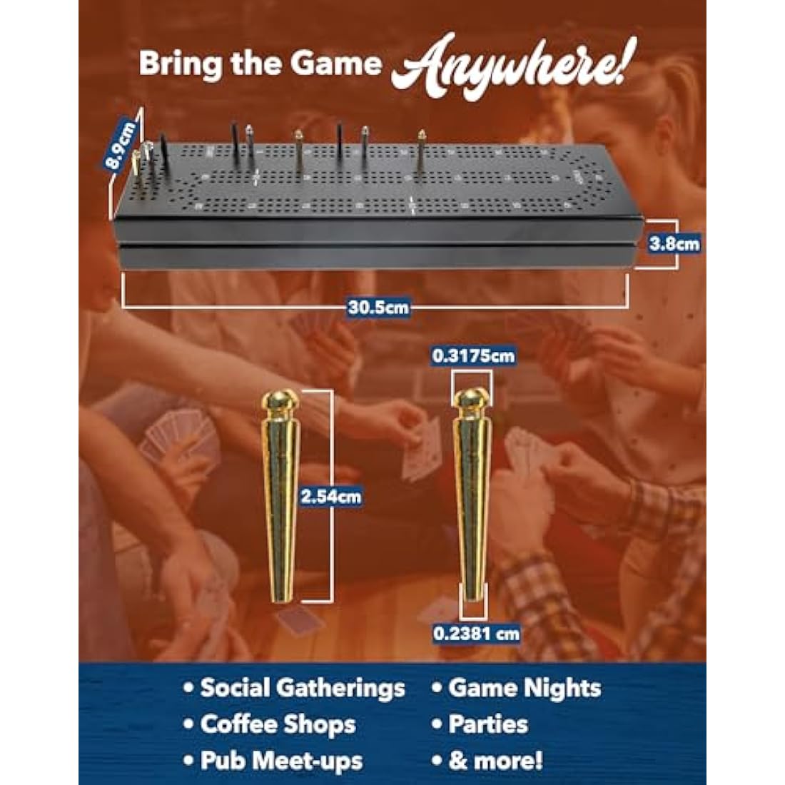 WE Games Cribbage Board With Pegs - Travel Board with 9 Metal Pegs & Playing Cards for Fun Family Game Night, Black Stained