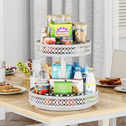 Lazy Susan Organizer 2 Tier - Turntable Spice Rack 12 inch Adjustable Metal Rotating Lazy Susan for Cabinet Pantry Kitchen Countertop Dining Table Cupboard Bathroom Vanity Storage White
