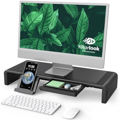 Foldable Monitor Stand - Klearlook Computer Monitor Riser with Storage Drawer&Tablet Phone Stand| Width Adjustable Monitor Stands for Desks| Desk Shelf Riser for Computer, Desktop, Laptop| Black