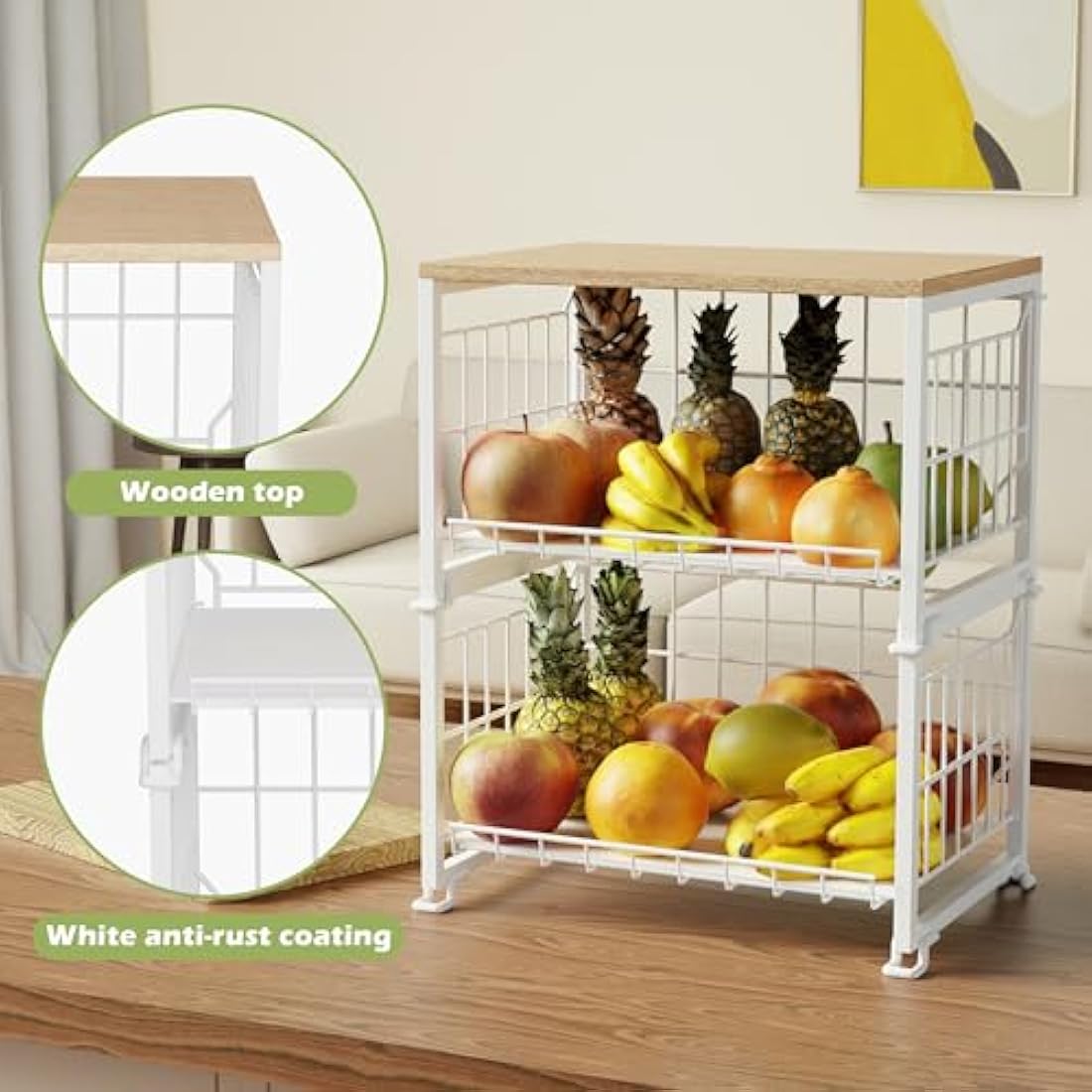 UMDONX Vegetable Storage Rack Kitchen Fruit Basket Bowl 3 Tier - Countertop Wire Veg Organiser Tiered Tabletop Stand Wooden Top (Durable Metal White)