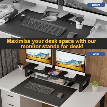 OYRREU Dual Monitor Stand, 91x26cm Desks Shelf, Double Monitor Riser for Laptop PC Computer Screen Monitor Stand Desktop Organiser for Working, Black
