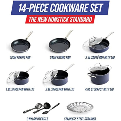 Blue Diamond Cookware Diamond Infused Ceramic Nonstick 14 Piece Cookware Pots and Pans Set, Includes Frying Pans, Sauté, Saucepans, Strainer, Stockpot, Utensils, PFAS-Free, Oven Safe, Blue