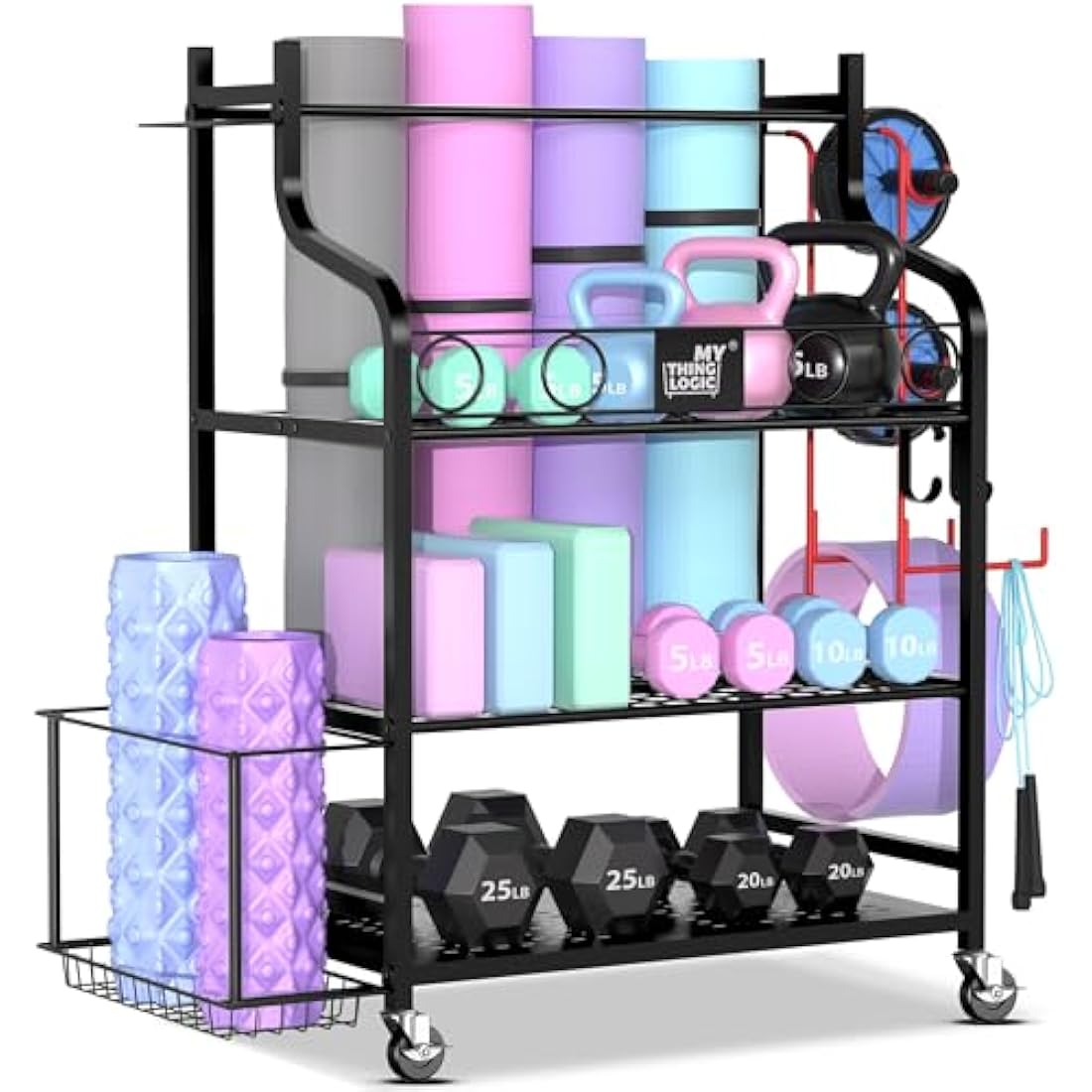 Mythinglogic Dumbbell rack-Yoga Mat weight rack-Home Gym Storage Rack for Dumbbells Kettlebells, Foam Roller, Yoga Strap, Resistance Bands - Workout Equipment Storage Organizer with Hooks and Wheels