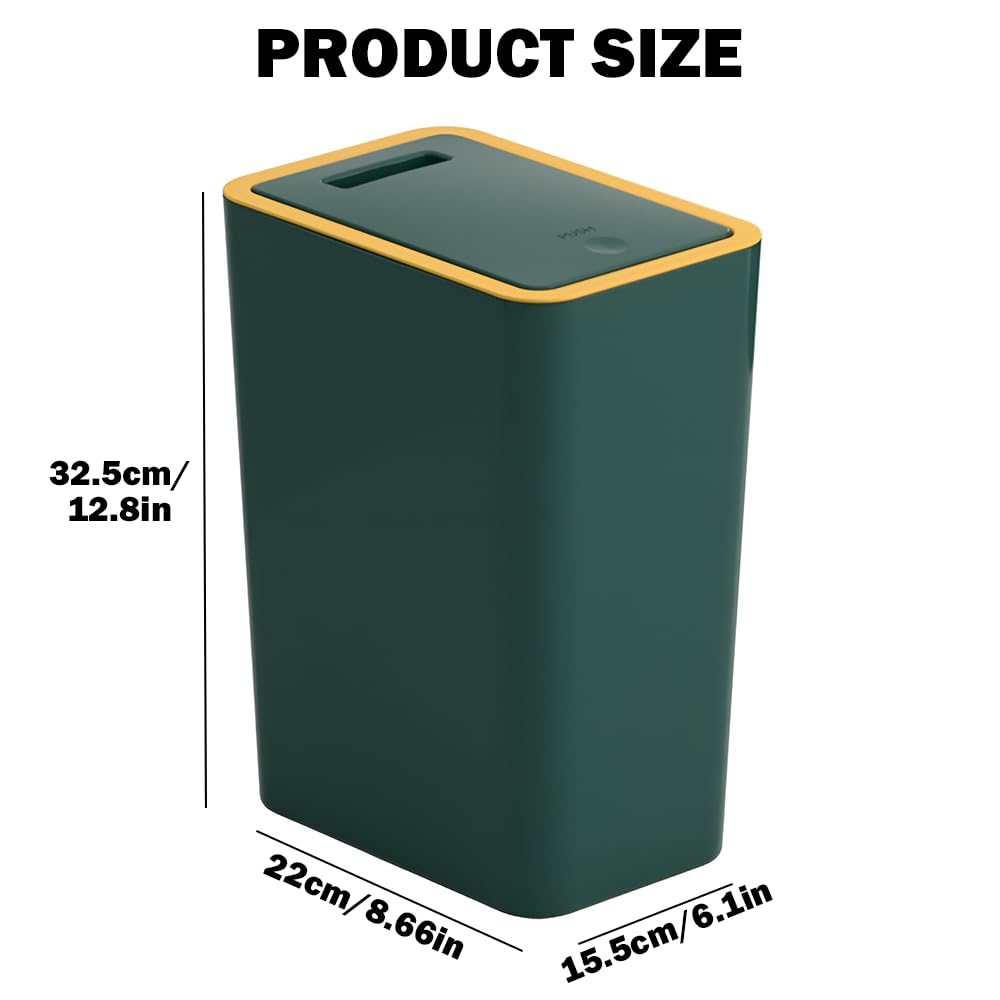 9L Slim Bathroom Bin with Touch Top Lid - Plastic Dog-Proof Narrow Trash Can for Bedroom, Office, Living Room, Kitchen, and Toilet (Green)
