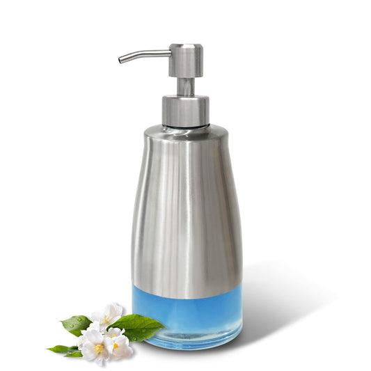 ILIKEPOW Soap Dispenser Clear Glass Liner Brushed Nickel Stainless Steel Case and Pump with Labels Washing up Liquid Dispenser for Kitchen, Bathroom