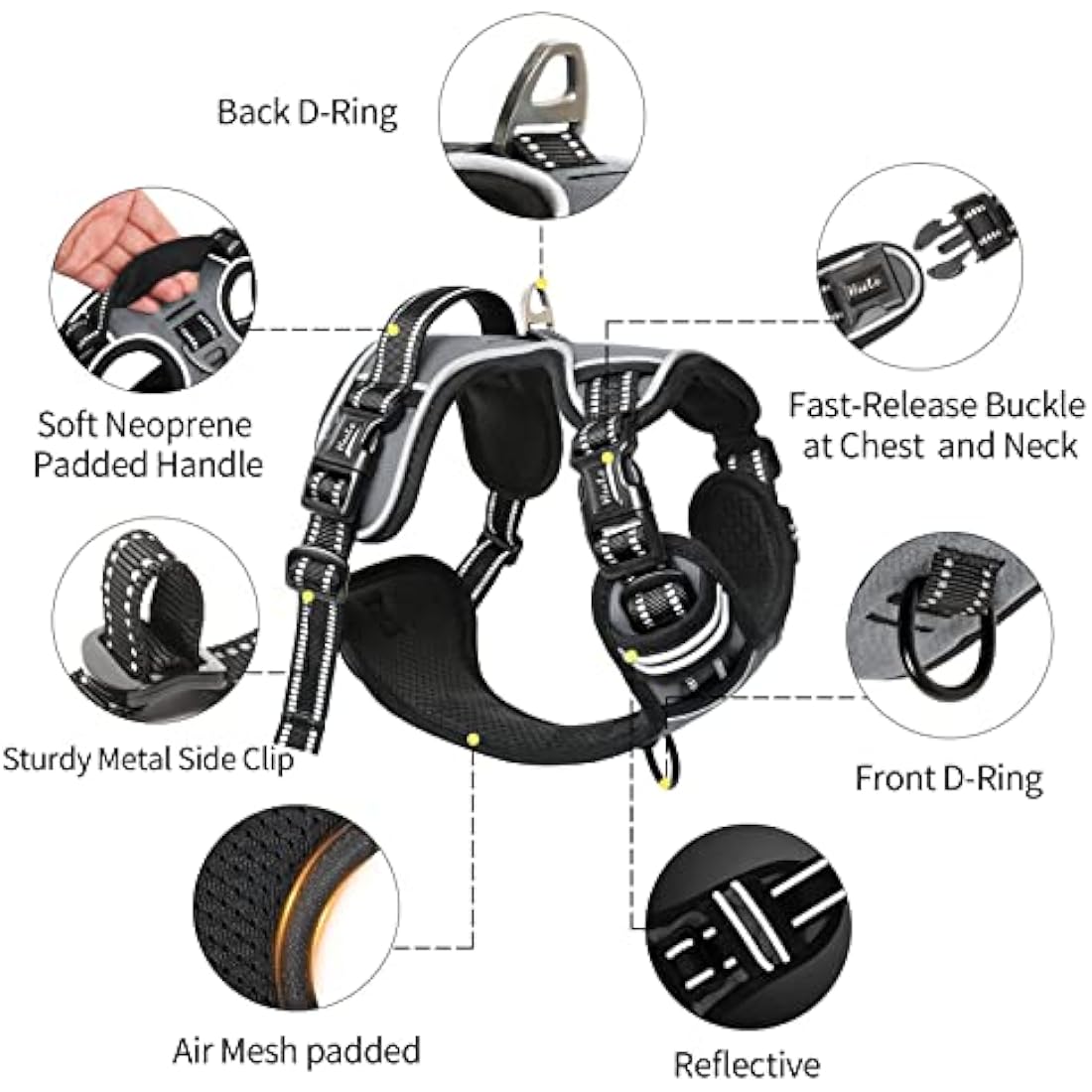 HEELE No Pull Dog Harness - Large, Reflective, Adjustable with Front & Back Leash Attachments & Soft Padded Control Handle - Grey, L