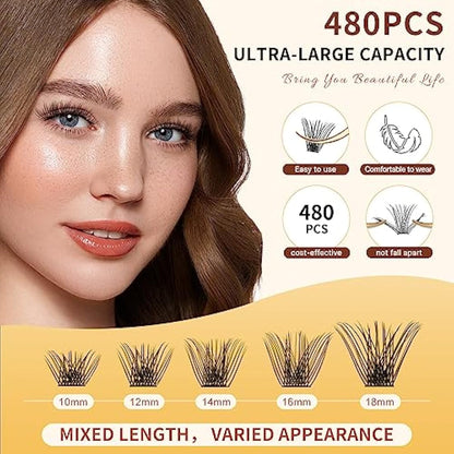 Individual Lashes 480 Cluster Lashes QUEWEL DIY Lash Extensions Kit, Eyelashes Applicator, Lash Cluster Glue Remover, Long-lasting Lash Glue and Overnightseal for Beginner to Apply(Mega D MIX)
