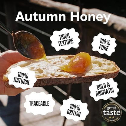 Black Bee Honey - Pure British Autumn Honey, Thick with Bold Aromatic Flavours, Unprocessed, Single Source from Hive to Jar, Never Blended - Delicious on Toast, Soothing in Drinks, 1Kg Tub