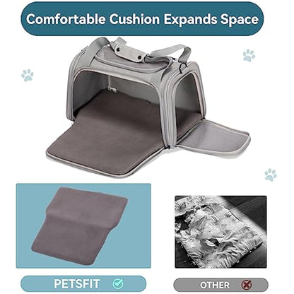 PETSFIT Pet Carrier for Cat with Extendable Fleece Pet Mat, Pet Carrier Airline Approved with Safety Leash for Pets Up to 12 Lbs (44 * 26.5 * 27CM, Grey)