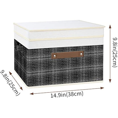 TYEERS Collapsible Storage Box with Lid, Patchwork Design, Decorative, Fabric Storage Box for Clothes, Wardrobe Storage, 38x25x25 cm, Set of 5, Black