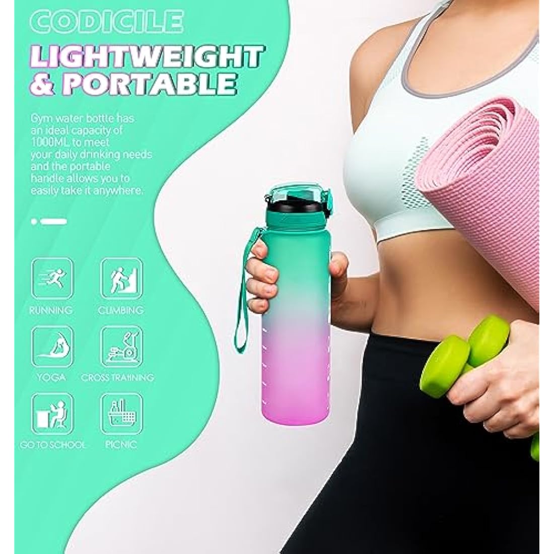 CodiCile 1L Water Bottle with Straw,Water Bottle Dishwasher Safe,Leak-proof Sports Drinks Bottle with Time Maker & Bottle Brush,Non-Toxic for Running,cycling, Gym, School & Office,Green Purple
