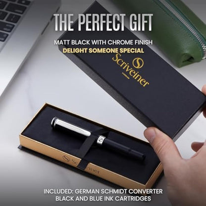 Scriveiner Luxury EDC Fountain Pen (Fine), Stunning Matt Black with Chrome Finish, Schmidt German Nib, Converter, Best Writing Gift Set for Men & Women, Nice Fancy Office Designer Pocket Pen