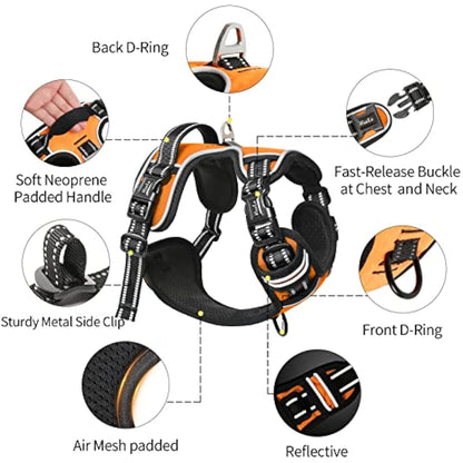HEELE No Pull Dog Harness - Medium, Release on Neck, Reflective, Adjustable with Front & Back Leash Attachments & Soft Padded Control Handle for Dogs Walking & Training, Orange, M
