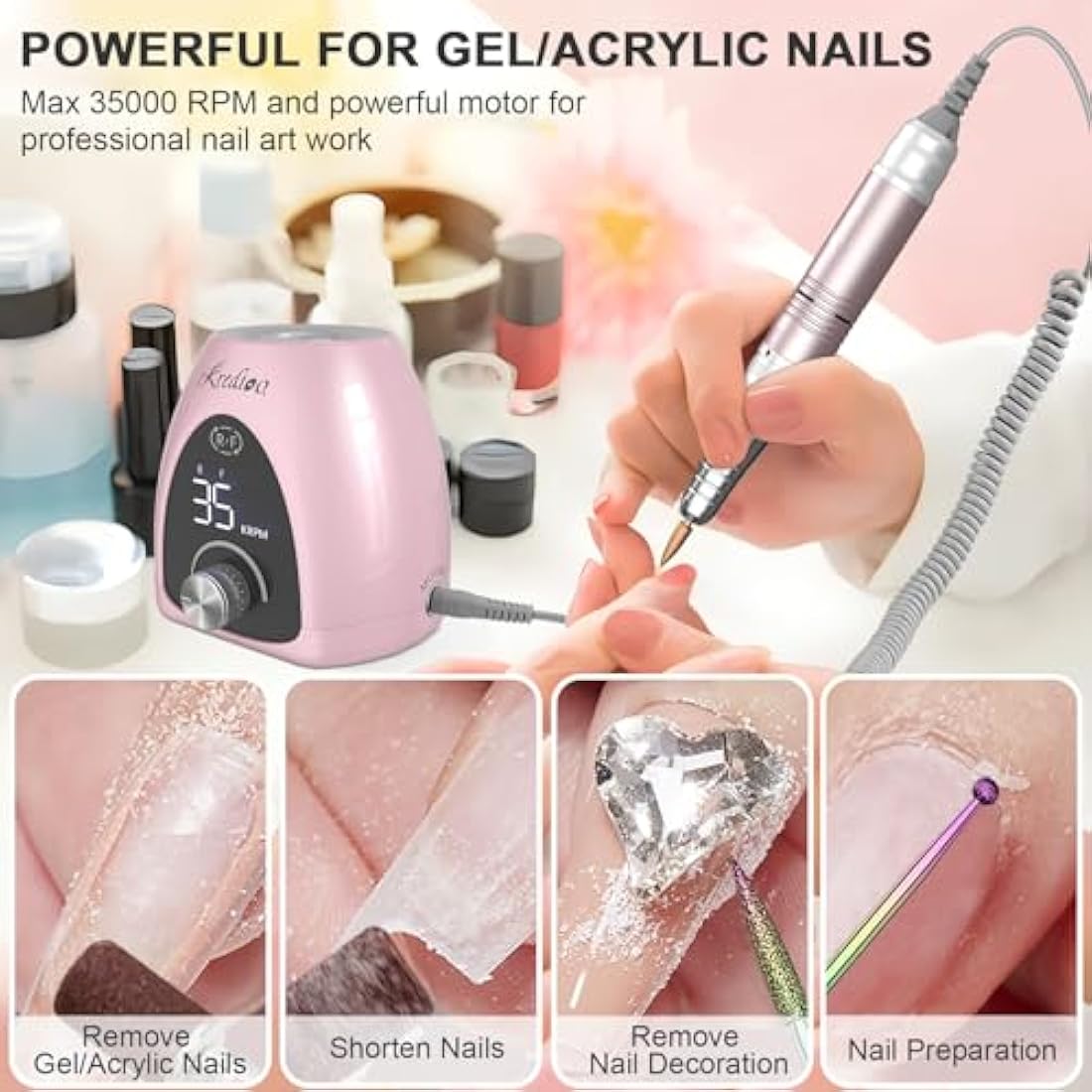 Kredioo Professional Electric Nail Drill Machine 35000RPM Electric Nail Files for Acrylic Nails Gel Nails Manicure Pedicure Salon E File Kit with Pause Button LED Display, 36W, UK Plug, Rose Pink