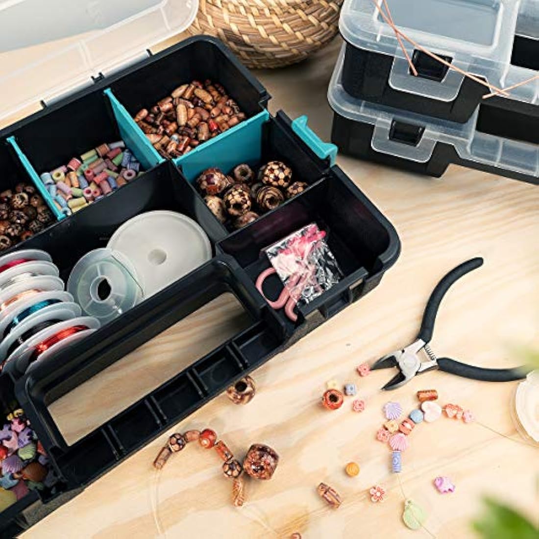Navaris Plastic Storage Box - Stackable Organizer Case with Adjustable and Removable Divider Compartment for Tools, Small Items, Jewelry - 3 Boxes