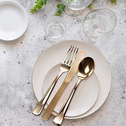 MATANA - 180 Elegant Gold Plastic Cutlery Set - 60 Knives, 60 Forks, 60 Spoons - Hand Washable, Reusable & Heavy Duty Tableware for Weddings, Birthday, Parties & Events