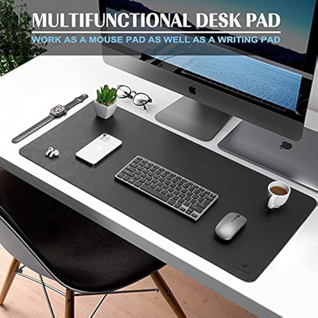 K KNODEL Large Office Leather Desk Mat, Mouse and Keyboard Pad, Computer and Laptop Mat, Desktop Protector and Cover, Writing Pad and Blotter (90x43cm, Black)