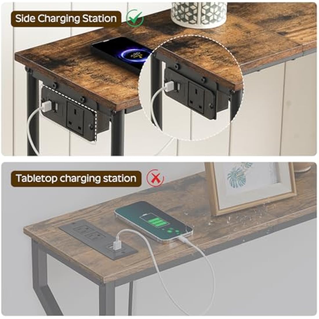 YATINEY Slim Console Table, Hallway Table with Power Outlet, 2-Tier Entryway Table with Storage Shelf, Behind Sofa Table for Living Room, Entryway, Rustic Brown and Black XCT02KBR