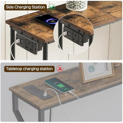 YATINEY Slim Console Table, Hallway Table with Power Outlet, 2-Tier Entryway Table with Storage Shelf, Behind Sofa Table for Living Room, Entryway, Rustic Brown and Black XCT02KBR