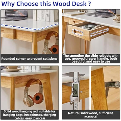 Aibiju Small Computer Desk Table, Wood Writing Desk with Drawer and Hanging Rod, 39x20x30inch Study Desk, Work Desk, Wooden Dining Table White + Natural Wood Legs YD-WD01WN