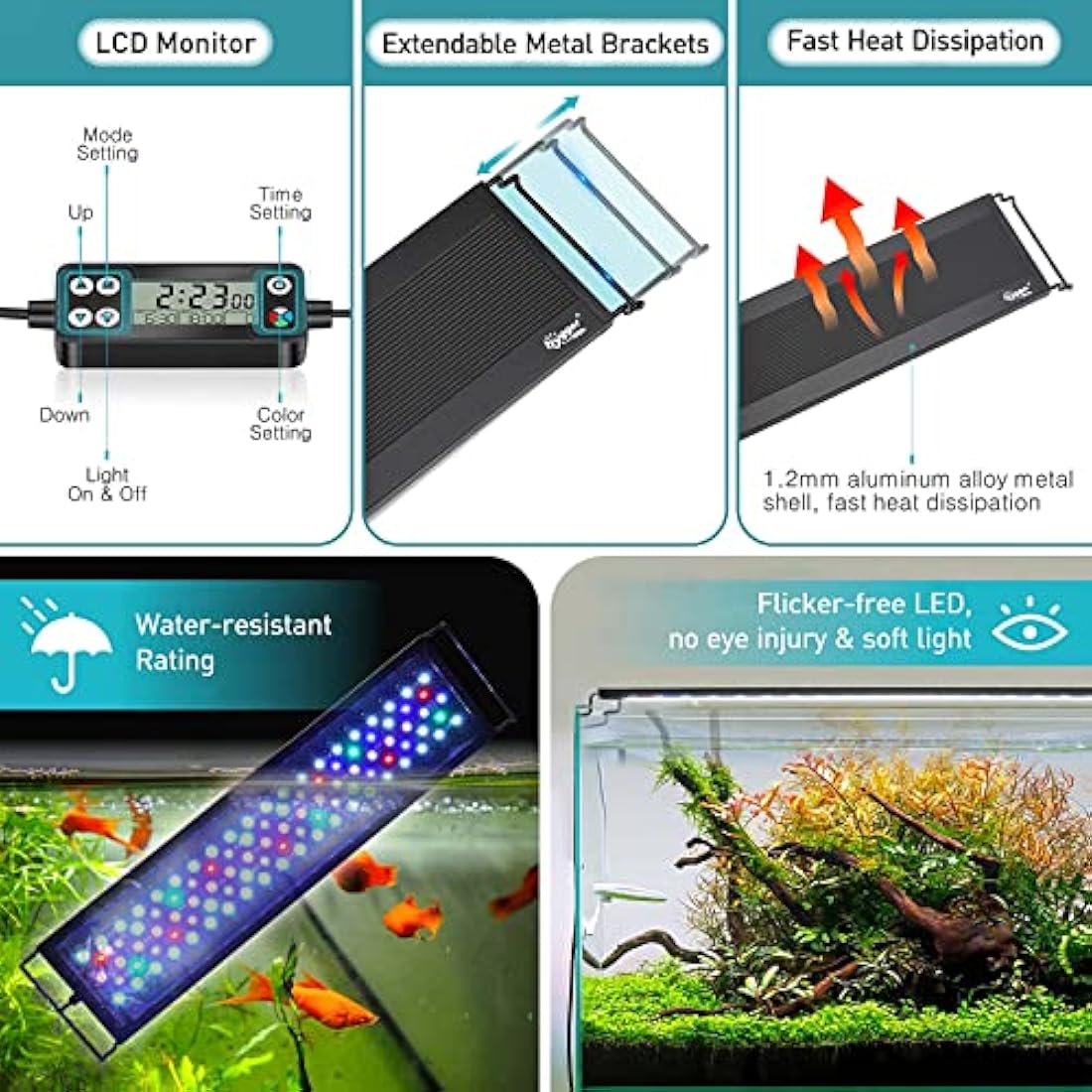 hygger Aquarium Light, Auto On Off LED Aquarium Light, Full Spectrum Fish Tank Light with LCD Monitor, 42W 24/7 Lighting Cycle, 7 Colors, Adjustable Timer,3 Modes for 121-137cm Planted Tank