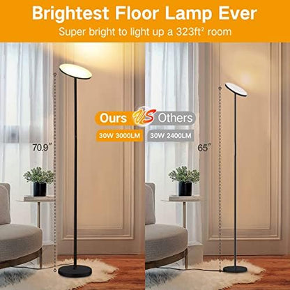 OUTON LED Uplighter Floor Lamp 30W 3000LM, Bright Modern Torchiere Dimmable Standing Lamp, Remote Touch Control & 4 Color Temperatures, 1 Hour Timer for Living Room, Bedroom, Office, Black