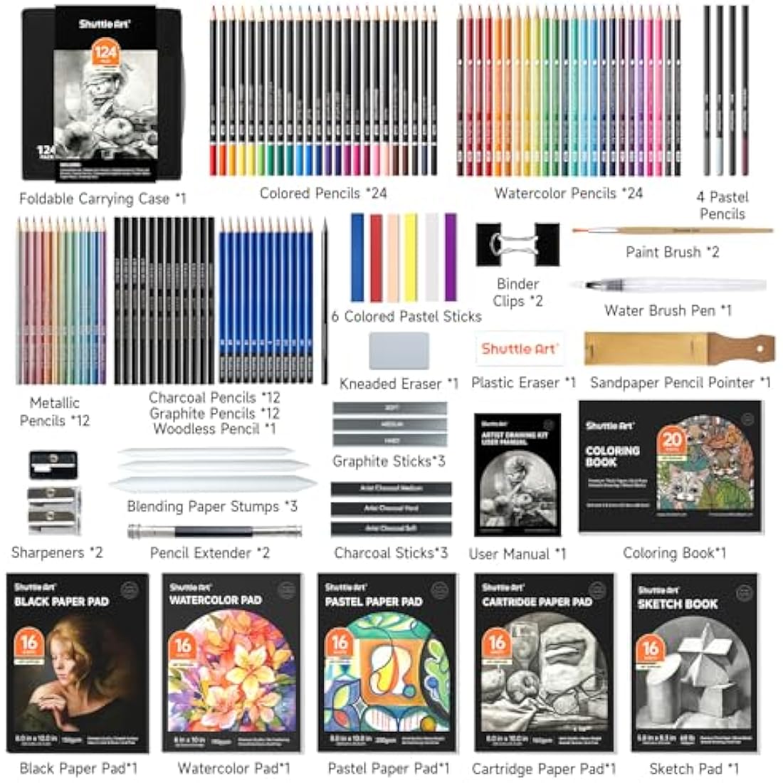 Shuttle Art 124 Pack Sketching and Drawing Pencils Set, Sketch Art Pencil Set with 4 Drawing Pads, Graphite Pencils in Zipper Case, Colouring Pencils for Artist Sketching, Art Set for Adults, Beginner