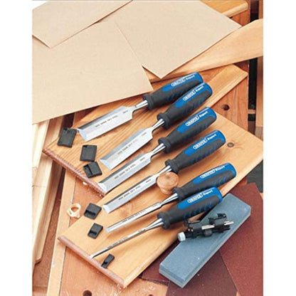 Draper Expert 140mm 8 Piece Wood Chisel Set | Woodworking Hand Tools | Aluminium Oxide Sharpening Stone | 6 to 38mm Blades Carving Tool |Impact Resistant Soft Grip |Honing Guide| 88605