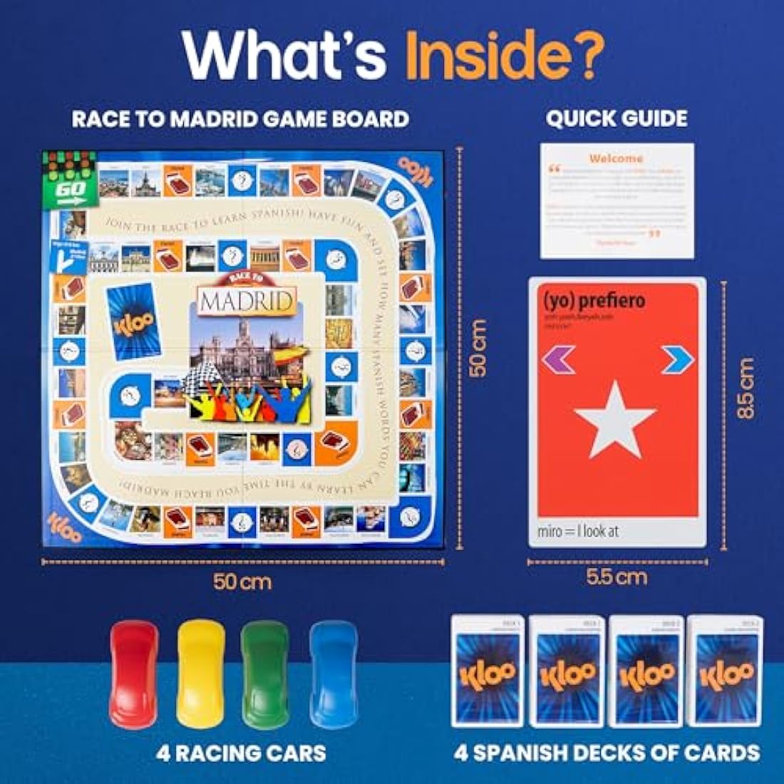 Spanish Board Game – Race to Madrid | Easy to Learn Words, Grammar, Verbs | Fun for Adults, Kids, Beginners, Classroom | 4 Decks Dynamic Flash Cards