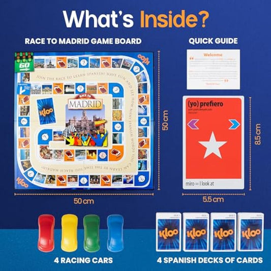 Spanish Board Game – Race to Madrid | Easy to Learn Words, Grammar, Verbs | Fun for Adults, Kids, Beginners, Classroom | 4 Decks Dynamic Flash Cards