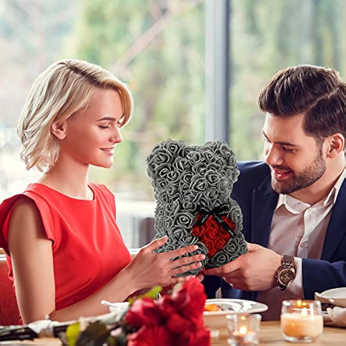 Gifts for Women，Birthday Gifts ，Rose Flower Bear-Hand Made Rose Teddy Bear,Best Artificial Decoration Gifts for mom, Gifts for Girls,Unique Gifts,The Perfect Party Clear Gift Box (Gray)