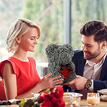 Gifts for Women，Birthday Gifts ，Rose Flower Bear-Hand Made Rose Teddy Bear,Best Artificial Decoration Gifts for mom, Gifts for Girls,Unique Gifts,The Perfect Party Clear Gift Box (Gray)