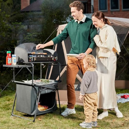 EVER ADVANCED Camping Kitchen Unit with Storage, Folding Outdoor Kitchen Table with Windscreen, Foldable BBQ Table for Camping Storage Picnic Dining Party, Includes Carry Bag