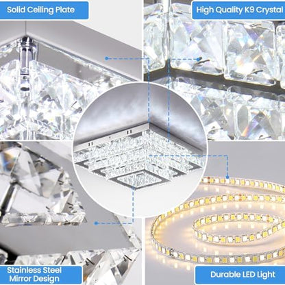 Finktonglan Square Crystal LED Ceiling Light Fixtures, 15” Modern Chandelier Ceiling Lights 3-Tiers Flush Mount Ceiling Lamp Fixture for Living Room Dining Room(6500K Cool White)