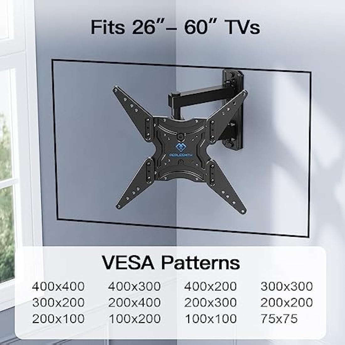 PERLESMITH TV Wall Bracket Swivel Tilt Extend, Universal Wall Mount for 26-60 Inch Flat/Curved TVs, Adjustable TV Brackets Hold up to 35 KG Max.VESA 400x400 mm