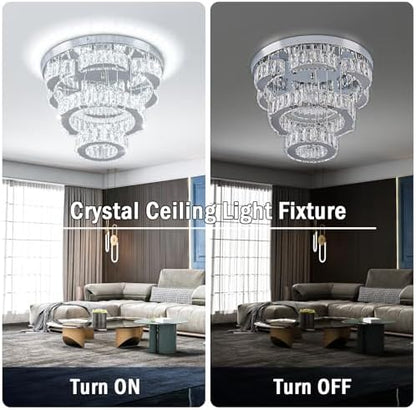 FRIXCHUR 15.7" Modern Crystal Chandelier Flower LED Flush Mount Ceiling Light 2 Rings Pendant Lights Chandeliers for Living Room Dining Room Bedroom (Cool White)