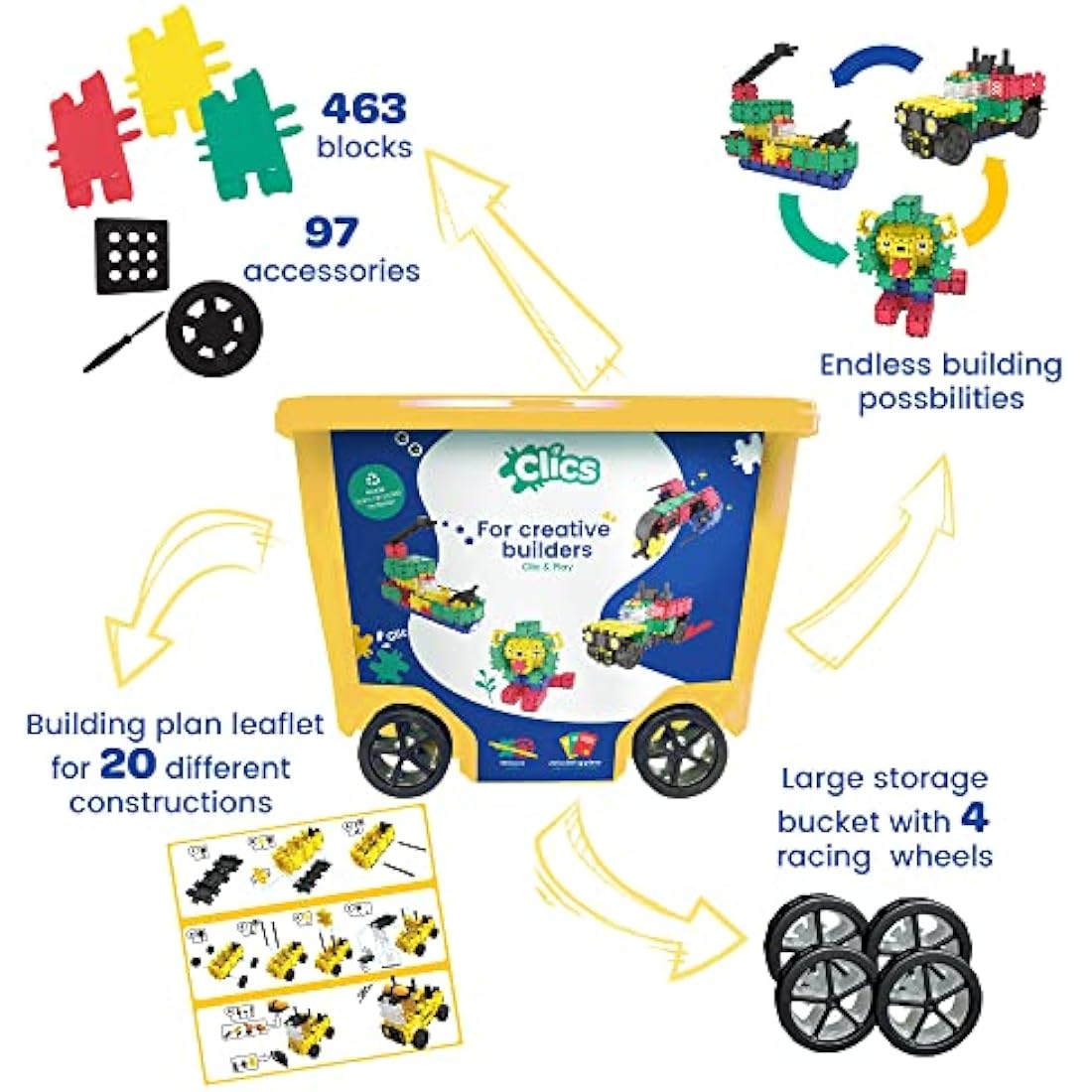 Clics construction toys, 463 building blocks, 97 accessories and stickers, educational kids toys, STEM toys for boys & girls from 3 years, DURABLE TOYS made from RECYCLED PLASTIC