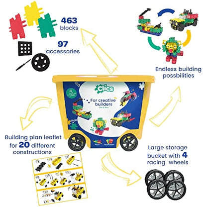 Clics construction toys, 463 building blocks, 97 accessories and stickers, educational kids toys, STEM toys for boys & girls from 3 years, DURABLE TOYS made from RECYCLED PLASTIC
