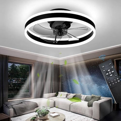 OMGPFR LED Ceiling Fan with Lights, Reversible Remote, 6 Speeds Modern Bedroom Fan Light, Quiet Dimmable Small Ceiling Light for Living Room, Black 50CM