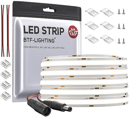 BTF-LIGHTING FCOB COB LED Strip Natural White 4000K Flexible High Density Uniform Light Dimmable LED Strip Light CRI90+ 10M 528LEDs DC24V 14W/m Bendable LED Ribbon for DIY Indoor Lighting Projects