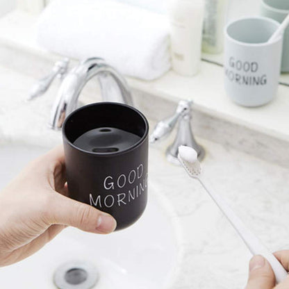 ALEOHALTER Toothbrush Holder, Good Morning Cup Toothbrush Cup, Home Travel Bathroom Washing Toothpaste Holder Plastic Tumbler Cup(Black)