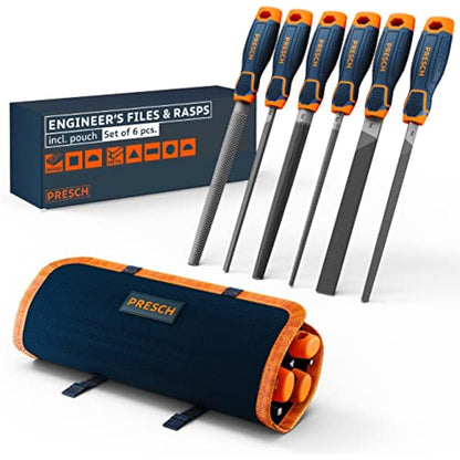 Presch File Set Metal and Wood 6 pcs. with Bag - Professional File Set incl. Half-Round rasp, Flat Stump File, Half-Round File, Round File, Triangular File and Square File